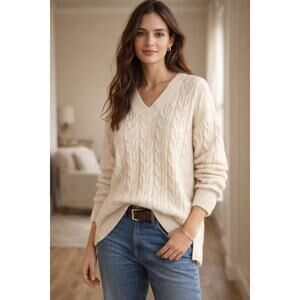 Erdos NWT Ivory Cable Knit V-Neck Cashmere Sweater- Sz XL Quiet Luxury Uni Sex